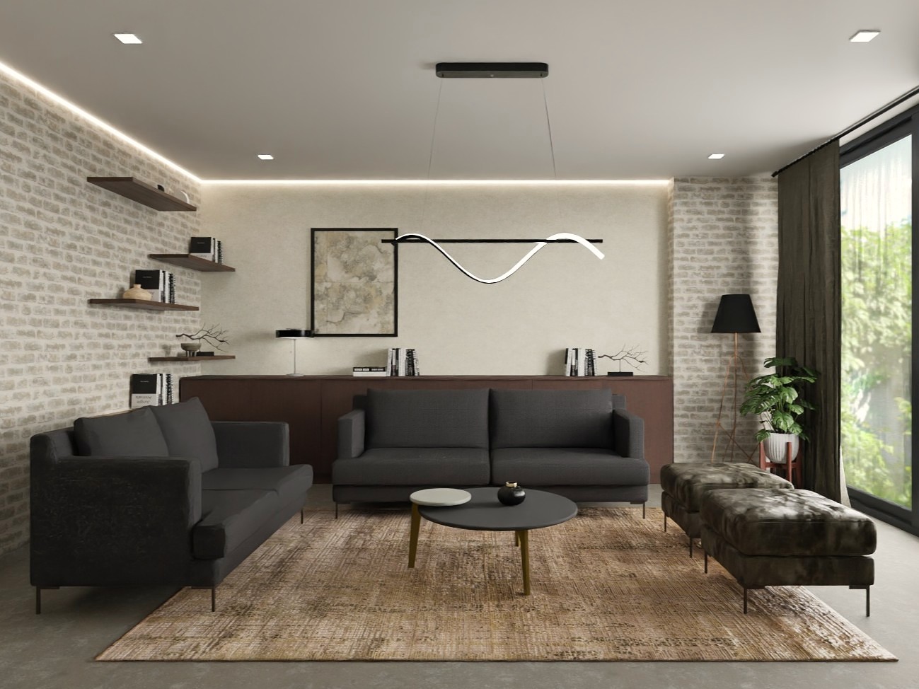 Living room with grey sofa and modern décor - Beautiful Homes