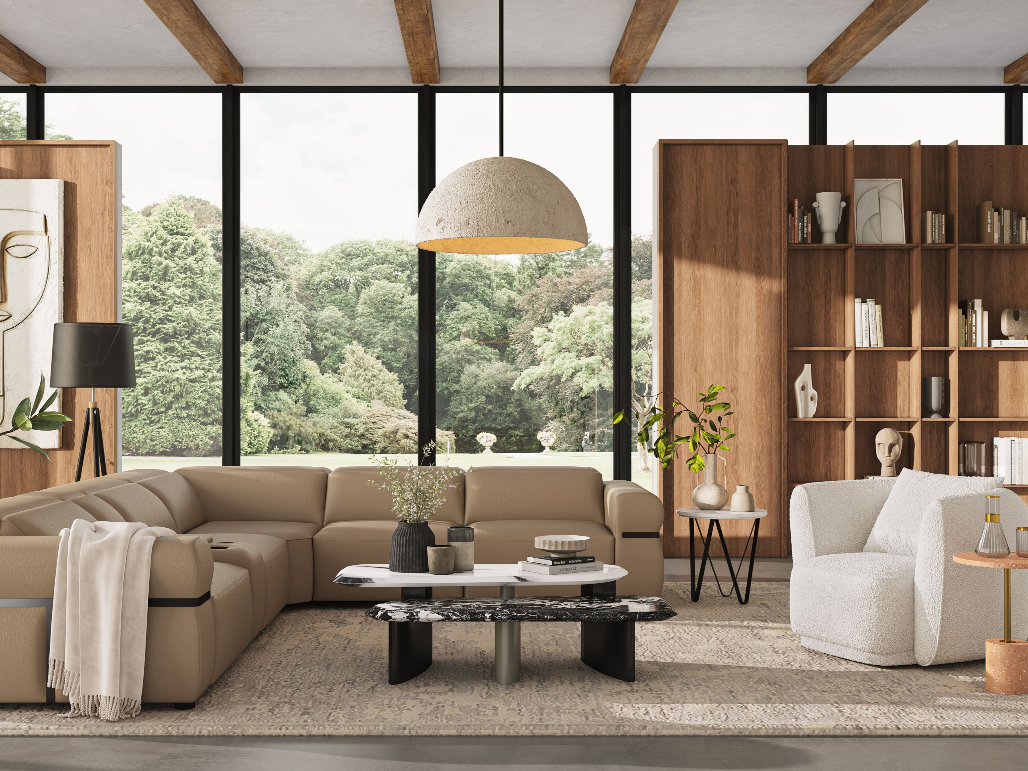 Living room featuring a sectional sofa, marble coffee table, and large windows overlooking greenery - Beautiful Homes