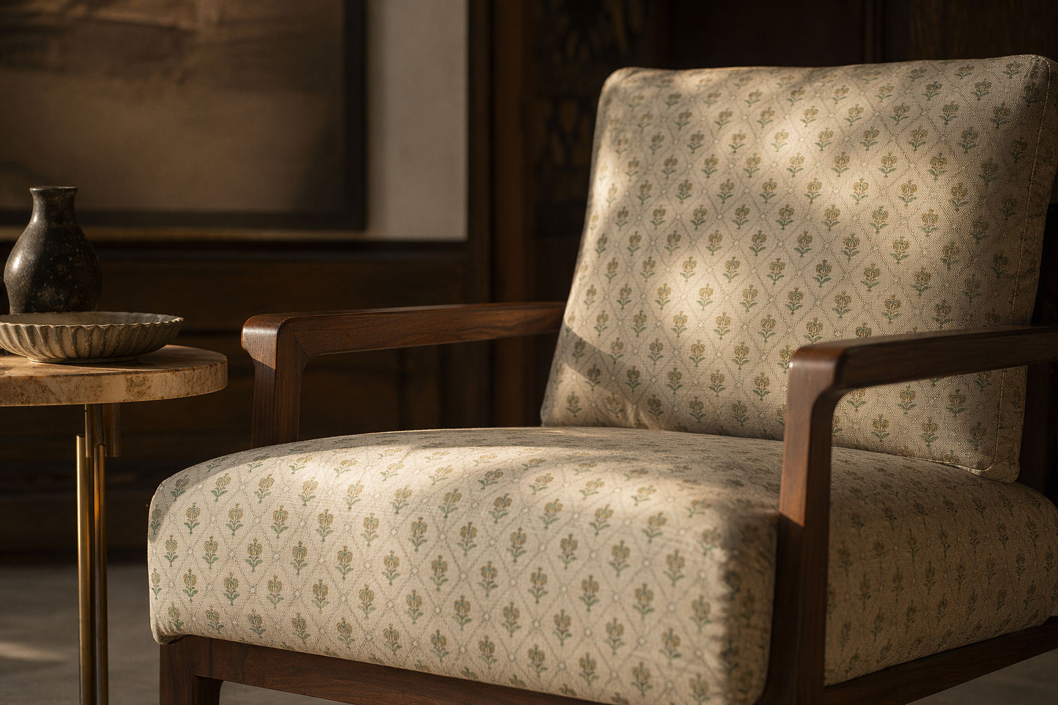 Mid-century style armchair with a dark wood frame, and cream upholstered seat and backrest featuring a delicate botanical lattice pattern - Beautiful Homes