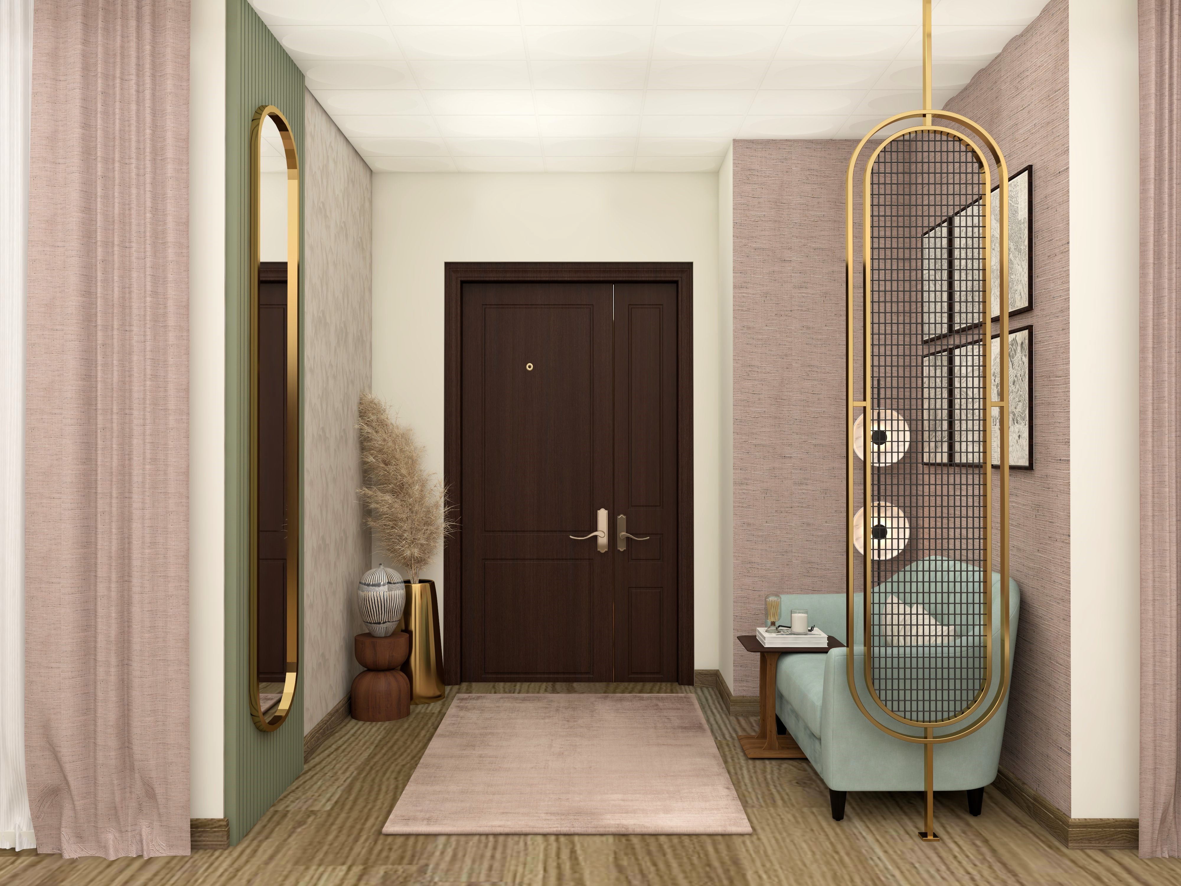 Foyer area with sky blue sofa and golden metal jali partition-Beautiful Homes