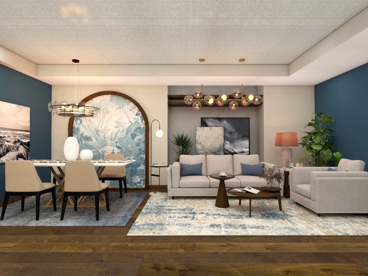 Grey and blue living room with marble top for dining table - Beautiful Homes