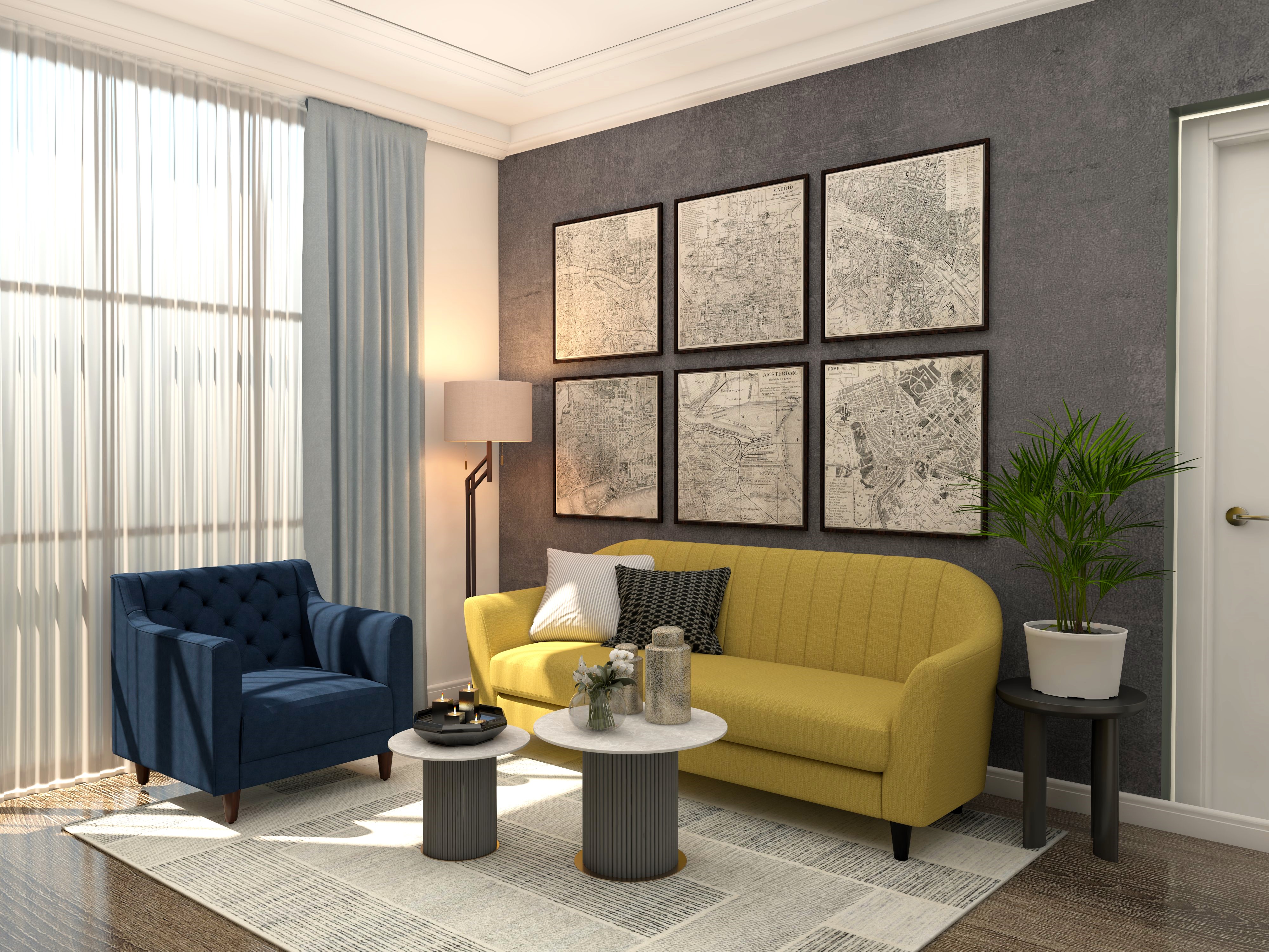 Grey textured paint with yellow 3-seater sofa and blue chair in living room-Beautiful Homes
