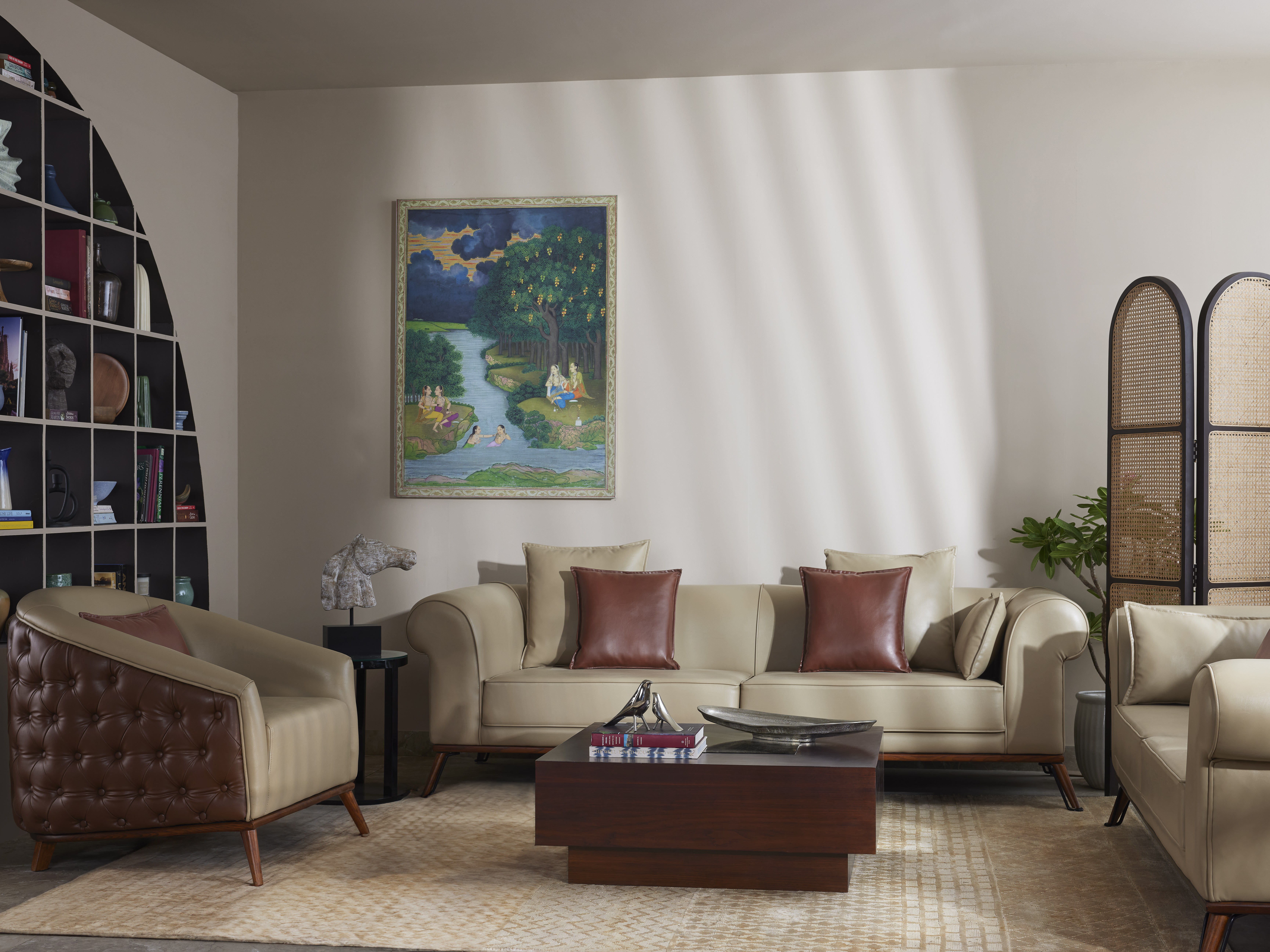 Modern living area with beige sofa and décor - Beautiful Homes