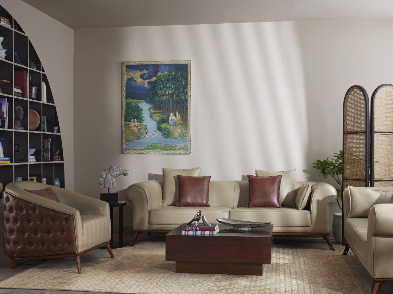 Modern living area with beige sofa and décor - Beautiful Homes