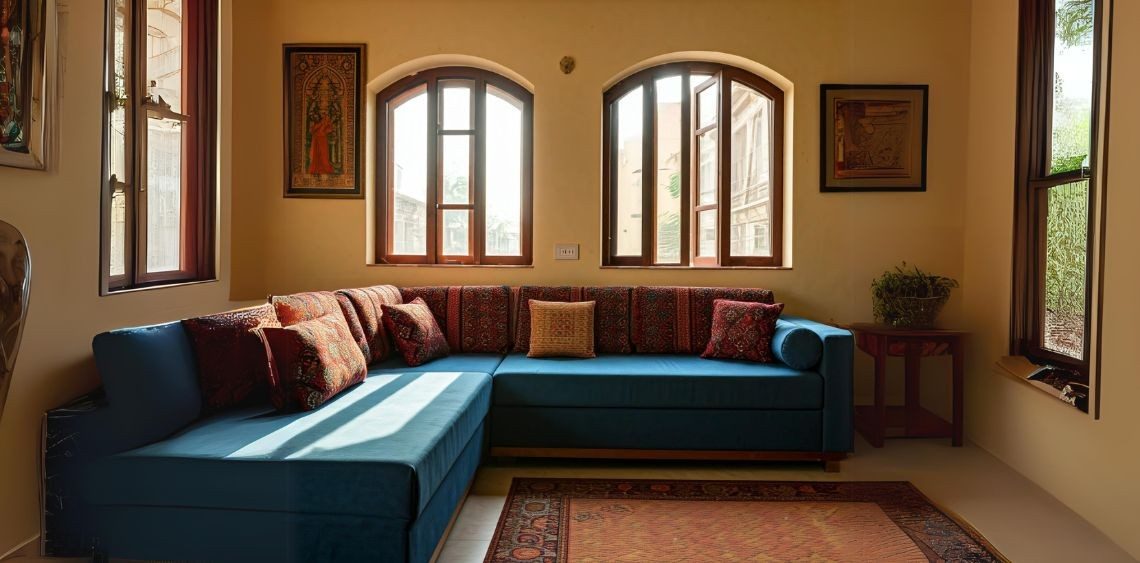 Indian living room with blue l-shaped sofa - Beautiful Homes