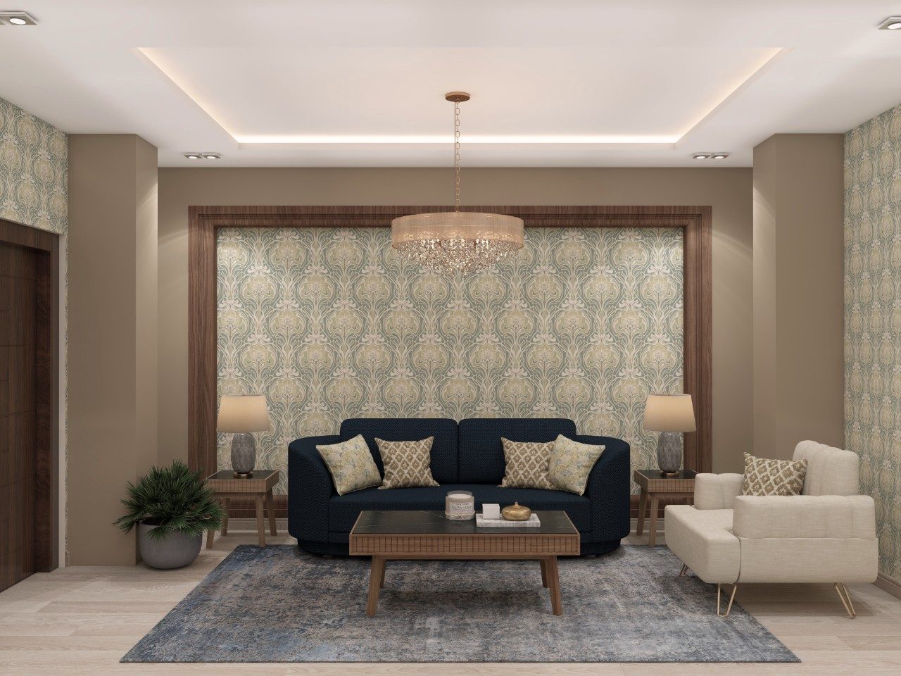 Living room with blue sofa and chandelier - Beautiful Homes
