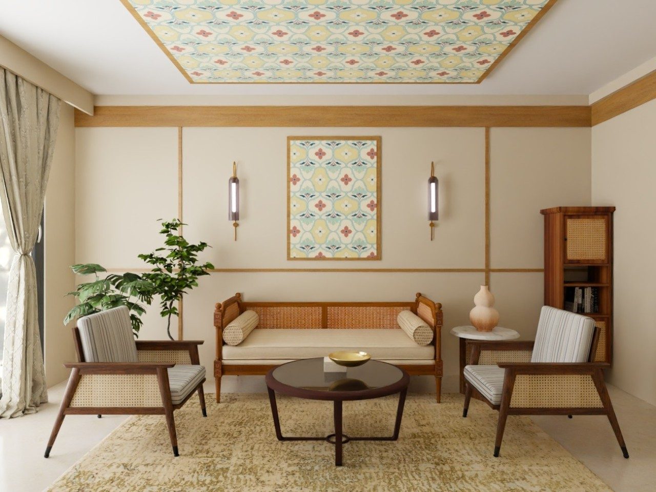 Living space with cane furniture and patterned ceiling - Beautiful Homes