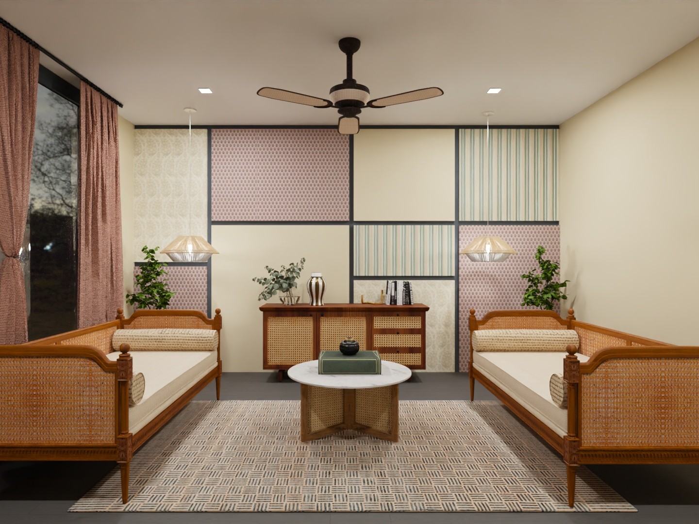 Living room with rattan sofa and patterned walls - Beautiful Homes