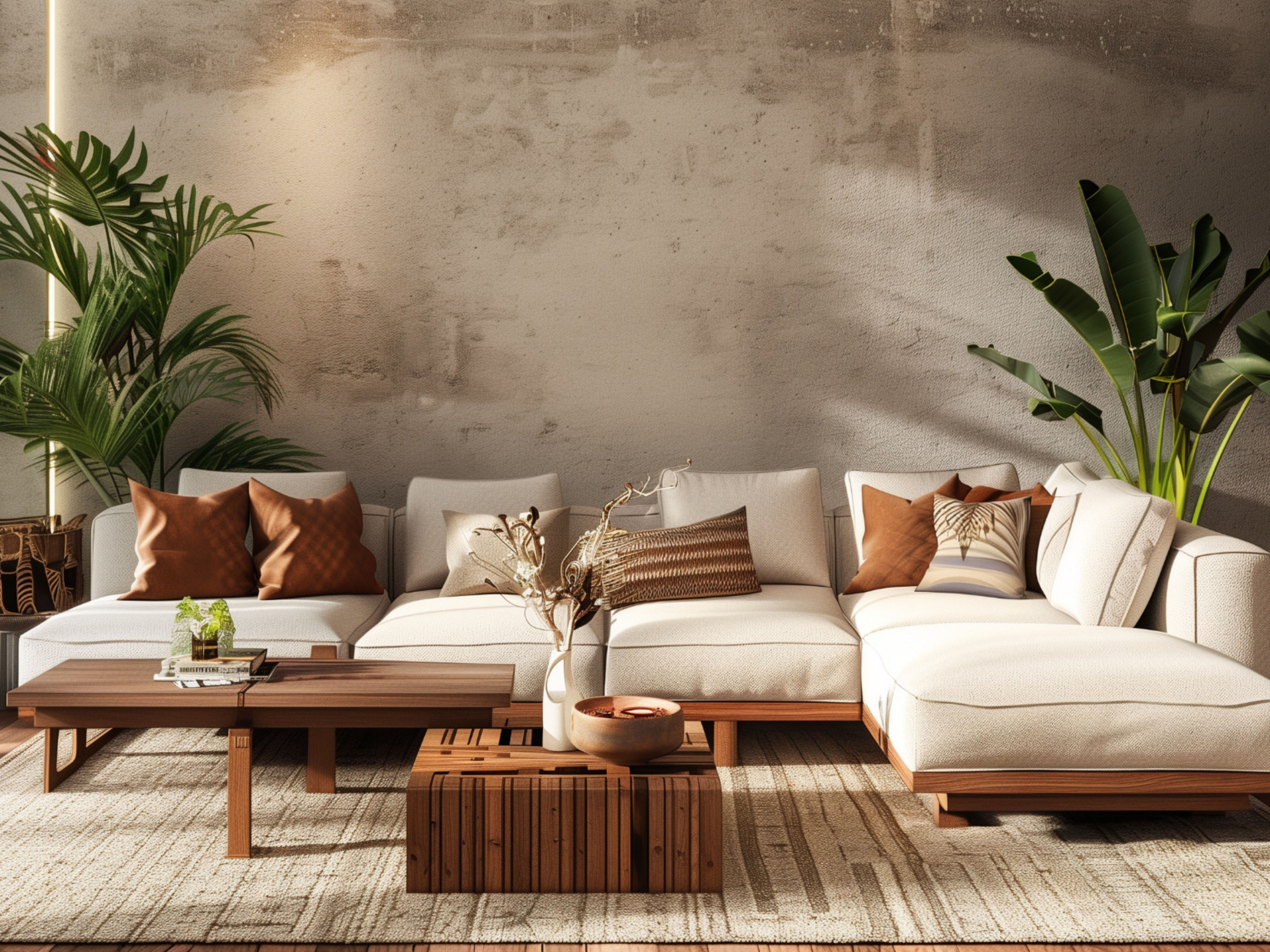 Living room with neutral sofa and wooden table - Beautiful Homes