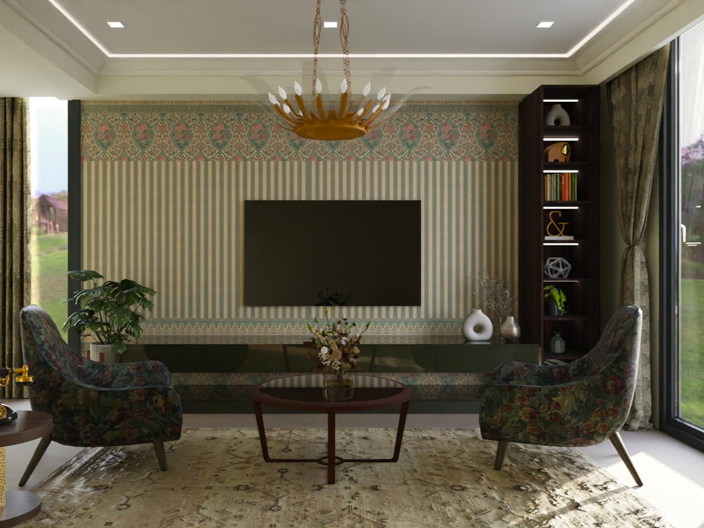 Living room with floral chairs and patterned wallpaper - Beautiful Homes