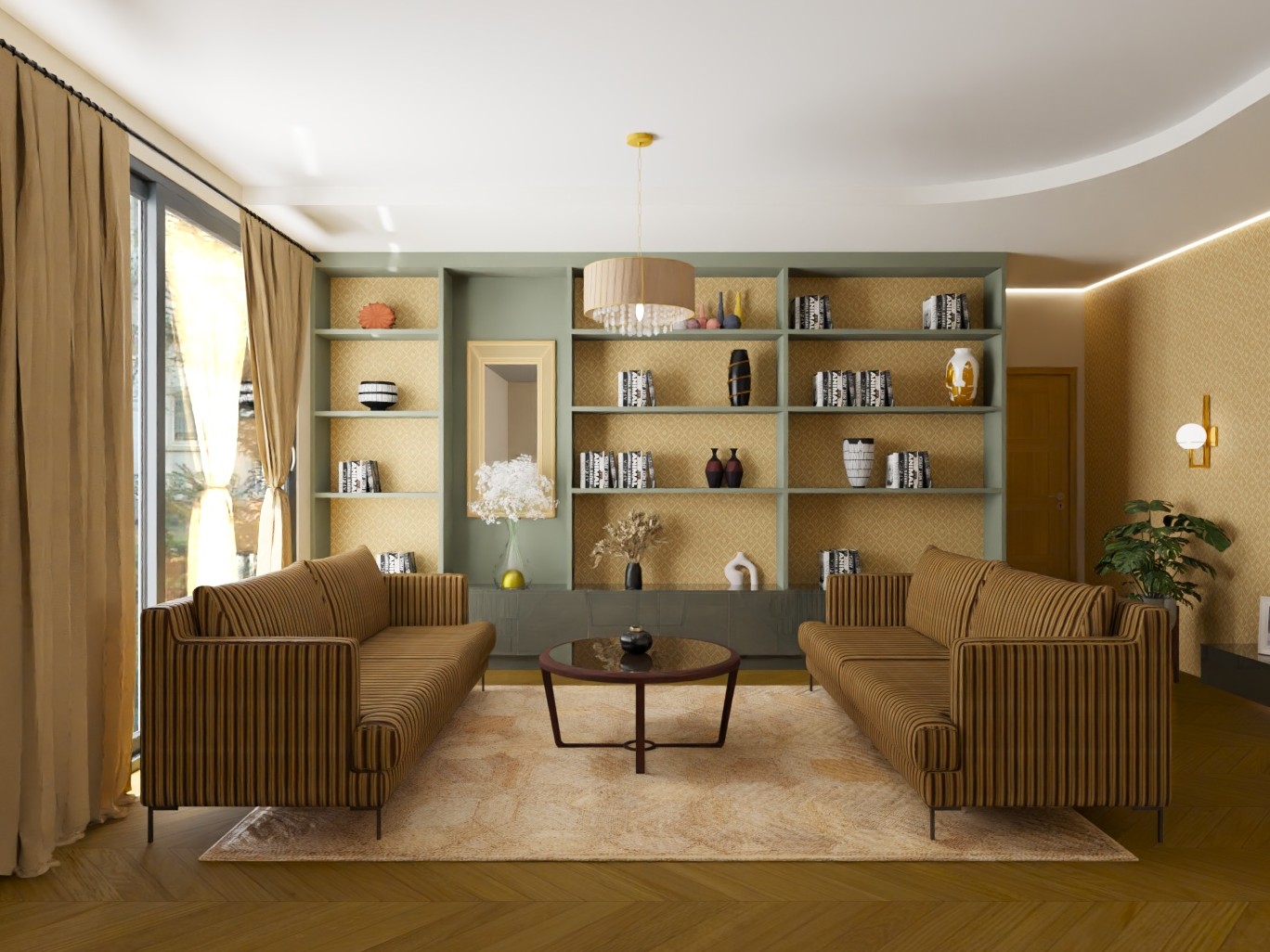 Living room with striped sofas and wooden flooring - Beautiful Homes