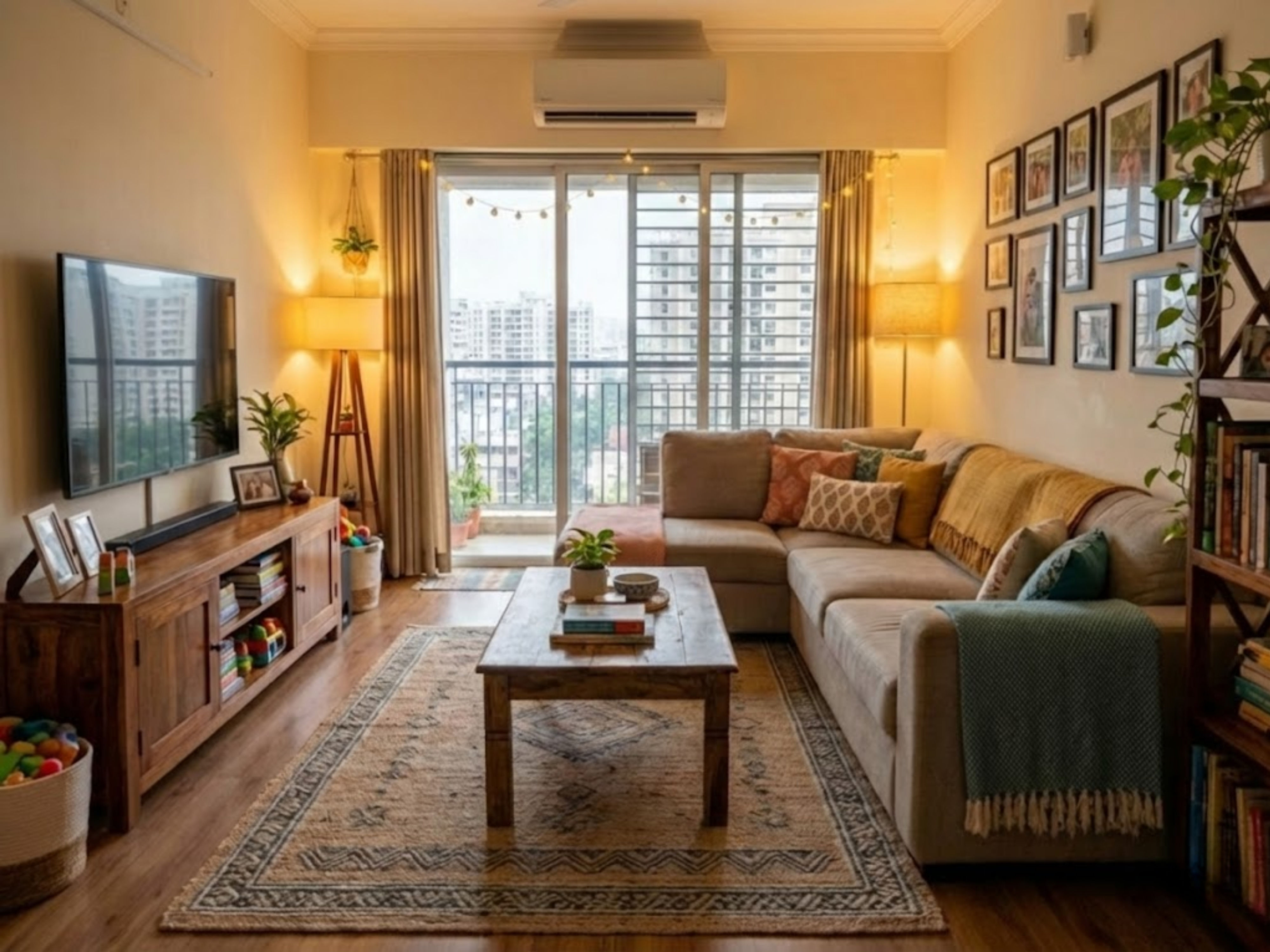 Modern living room with sofa, table, and balcony view - Beautiful Homes