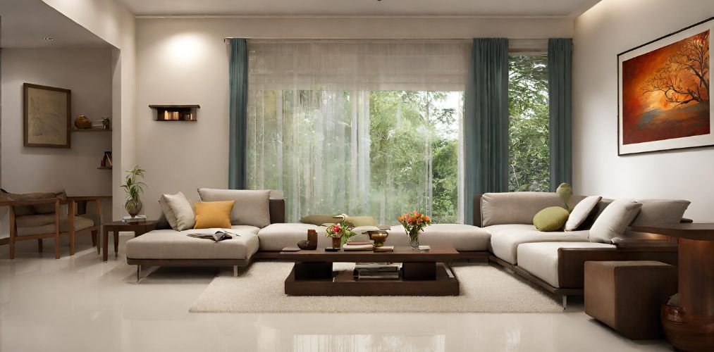 Indian living room with sofa and sheer curtains-Beautiful Homes