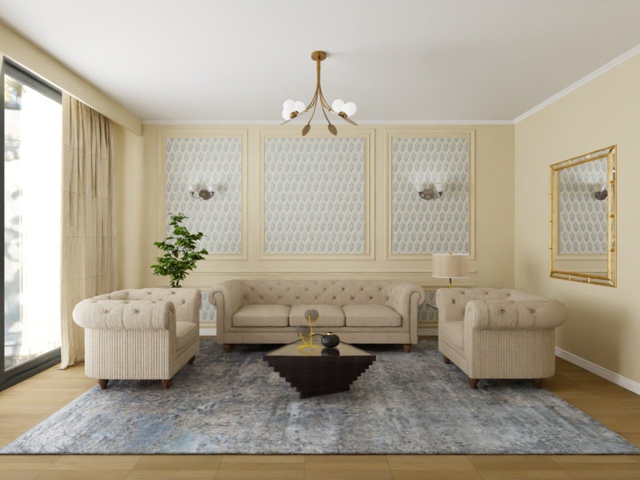 Beige sofa set with wooden flooring and décor - Beautiful Homes