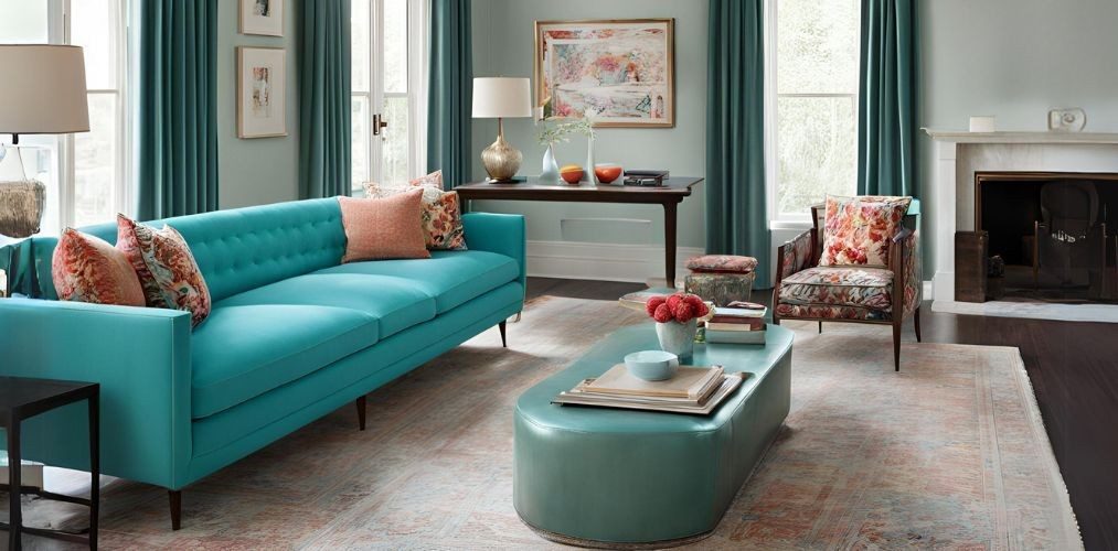 Indian living room with turquoise sofa and upholstered center table - Beautiful Homes