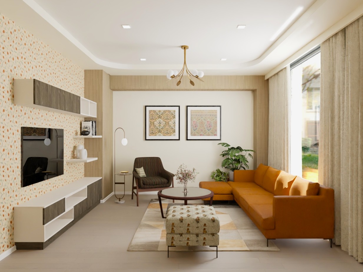 Stylish living room with orange sofa and décor - Beautiful Homes