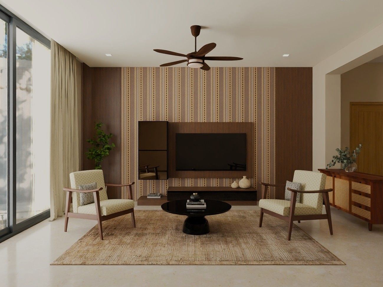 Modern living room featuring patterned wallpaper, cozy armchairs, and natural accents - Beautiful Homes
