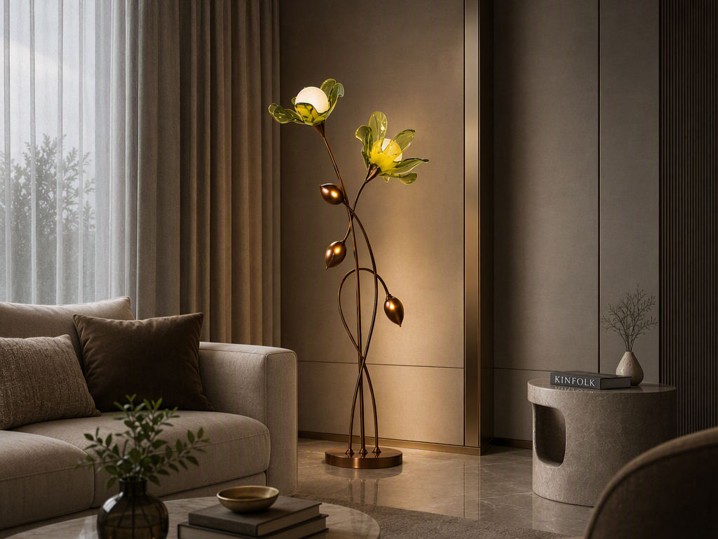 Sculptural floor lamp featuring green glass flower petals and warm glowing light globes in a living room - Beautiful Homes