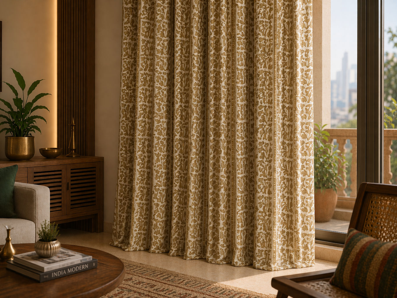 Floor-to-ceiling curtain furnishing with an off-white base and intricate mustard botanical vine pattern - Beautiful Homes