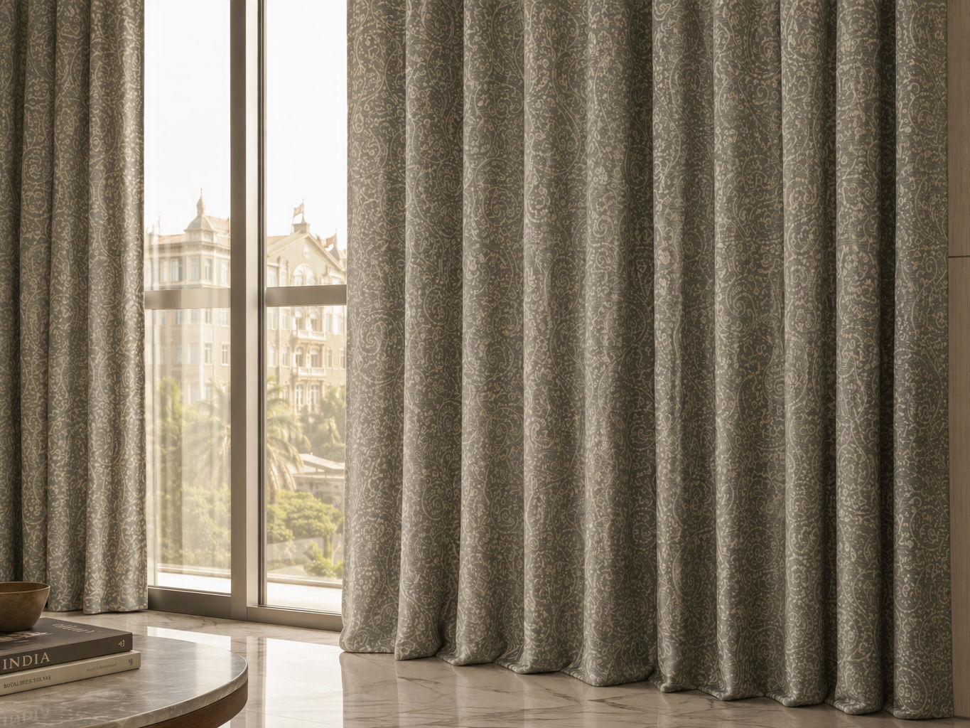 Floor-length sage green curtains with an intricate off-white damask pattern - Beautiful Homes