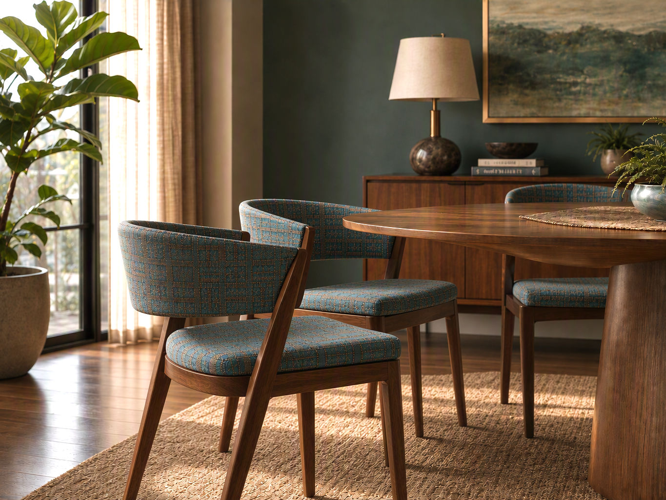 Mid-century modern dining chair with tapered walnut legs and a curved back upholstered in teal, blue, and tan geometric fabric - Beautiful Homes