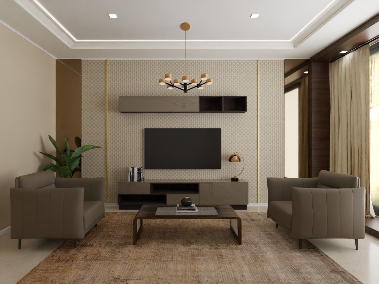Modern living room featuring arched niches, mustard armchairs, and geometric décor - Beautiful Homes