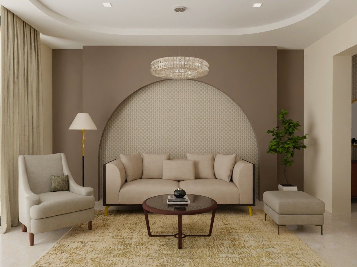 Modern living room featuring an arched accent wall, beige sofa, and crystal chandelier - Beautiful Homes