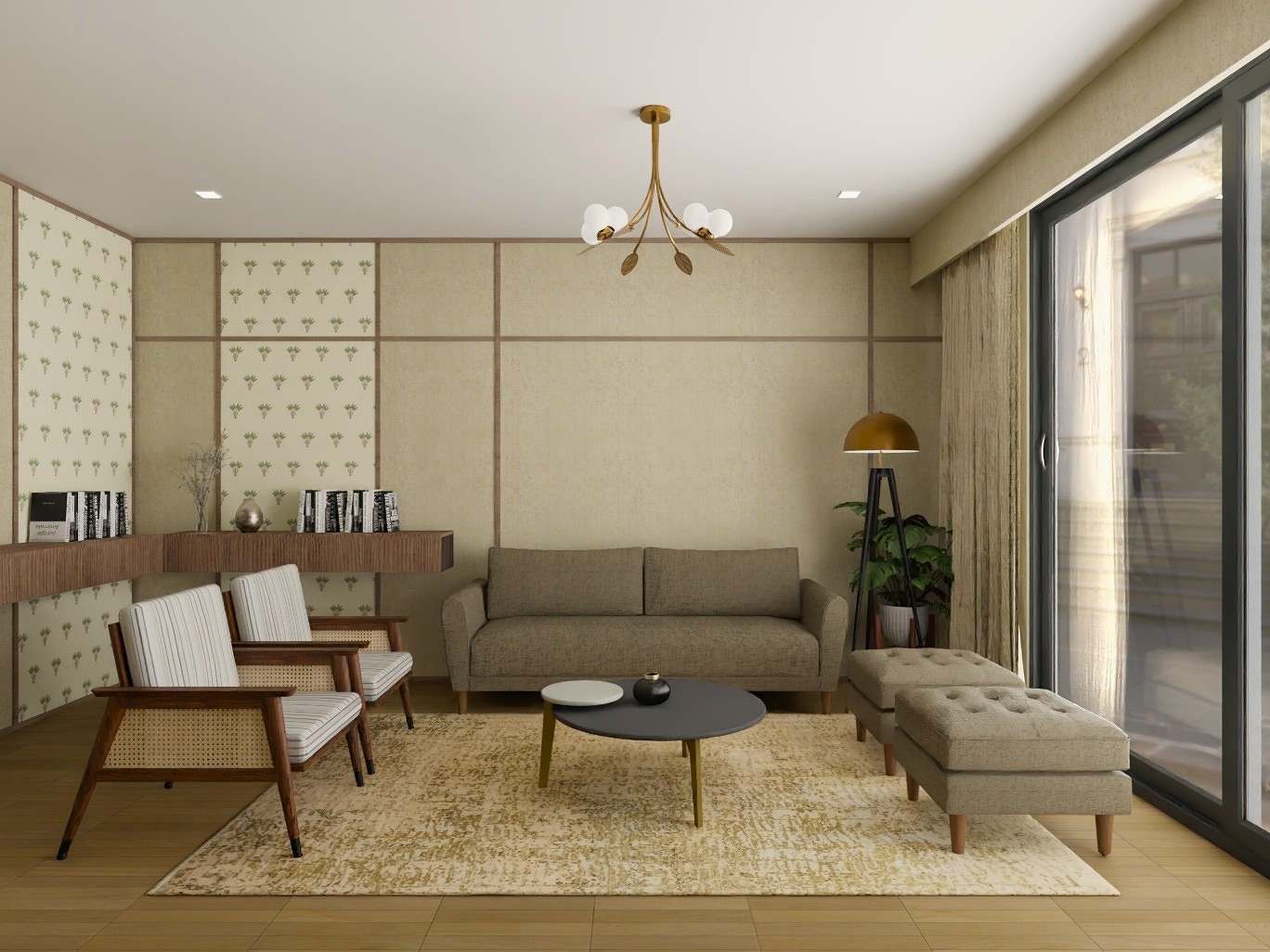 Living room with beige sofa and wooden accents - Beautiful Homes