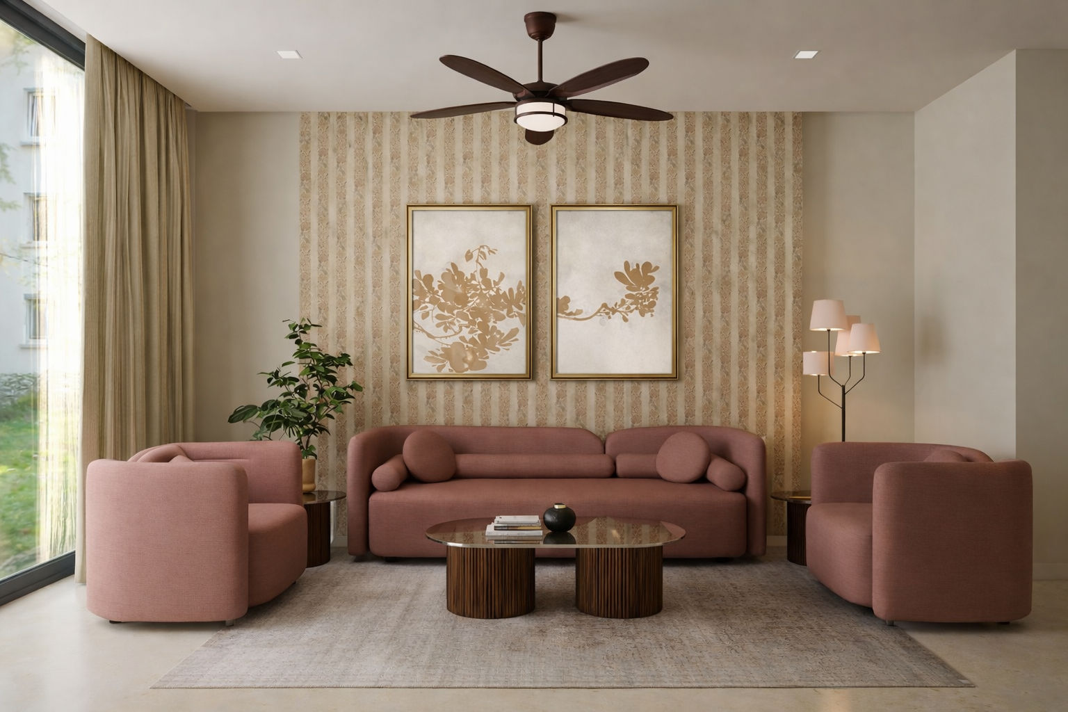 Modern living room featuring a curved dusty rose sofa, abstract wall art, and warm tones - Beautiful Homes