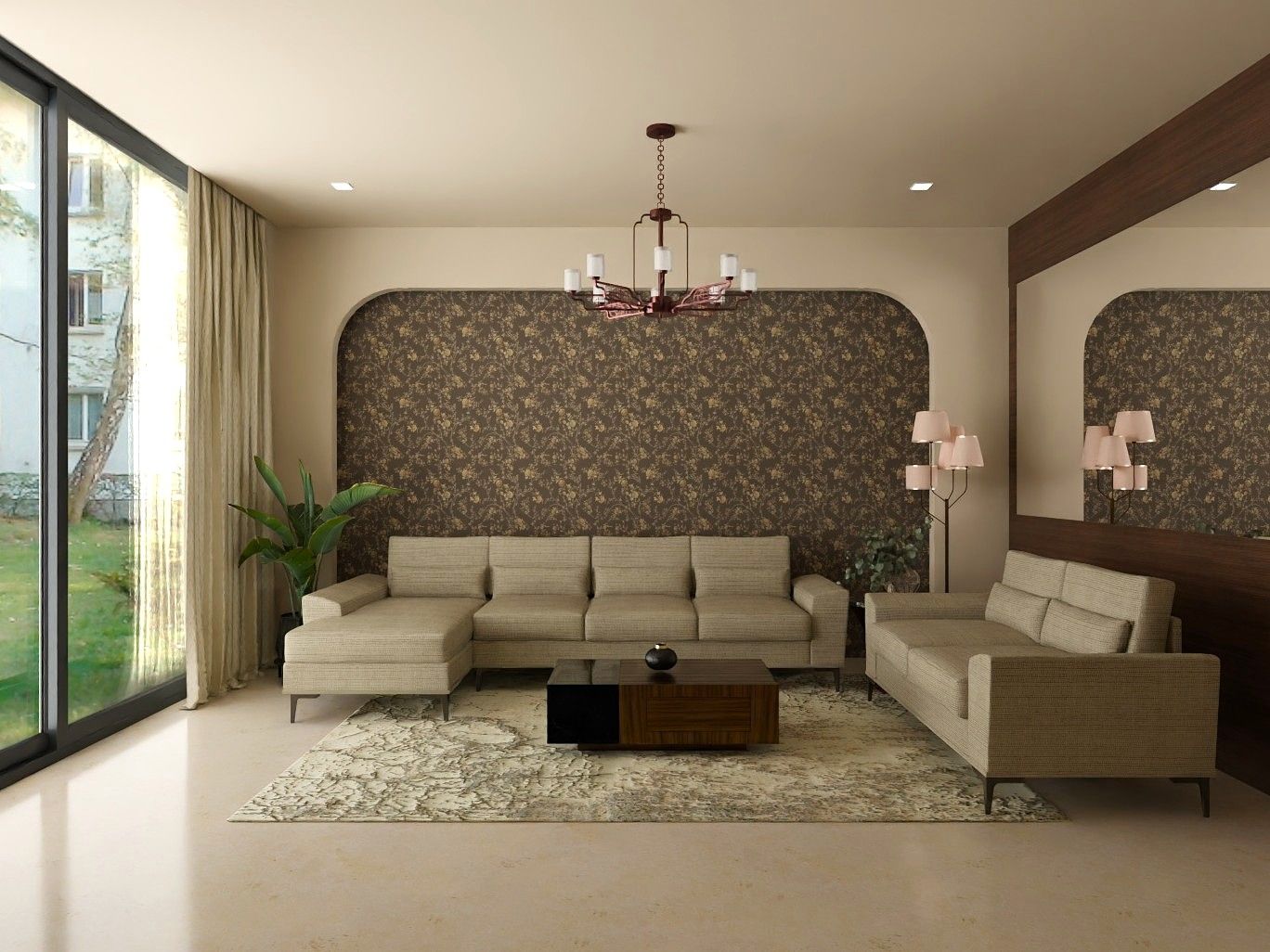 Elegant living room featuring a beige sectional, arched accent wall, and gold details - Beautiful Homes