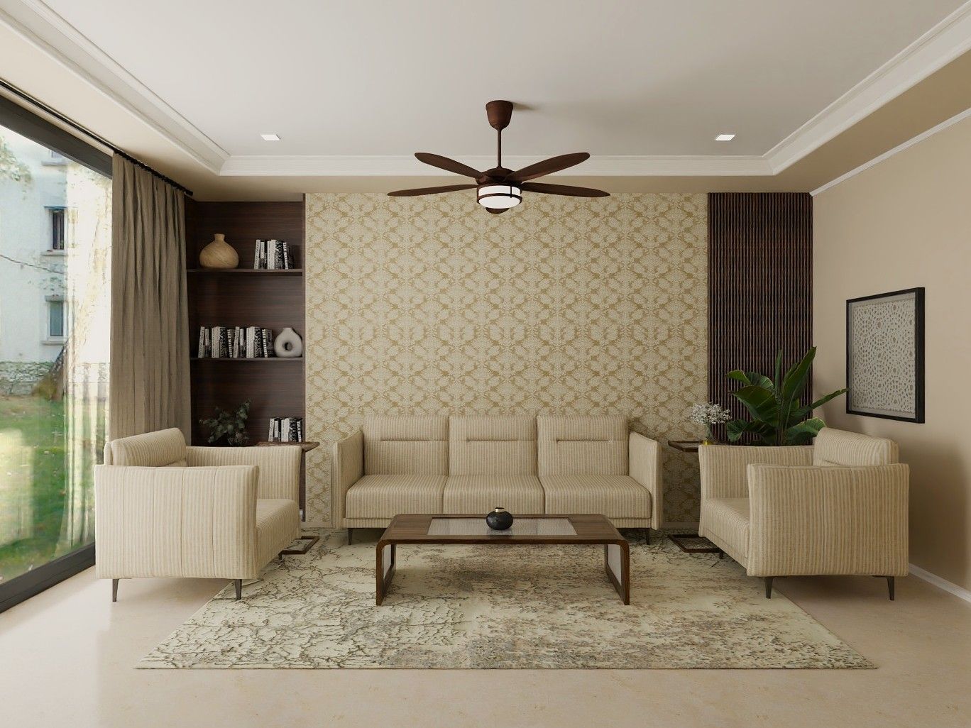 Elegant living room featuring striped furniture, dark wood accents, and a damask accent wall - Beautiful Homes