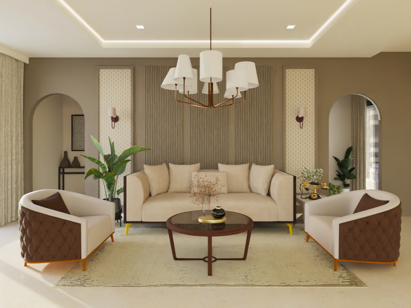 Elegant living room with beige sofa and chandelier - Beautiful Homes