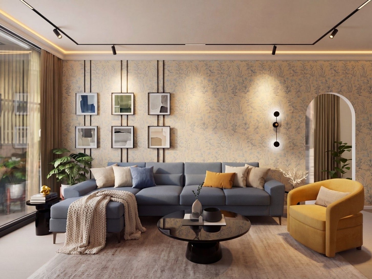 Modern living room featuring a blue sectional sofa, mustard armchair, and botanical wallpaper - Beautiful Homes