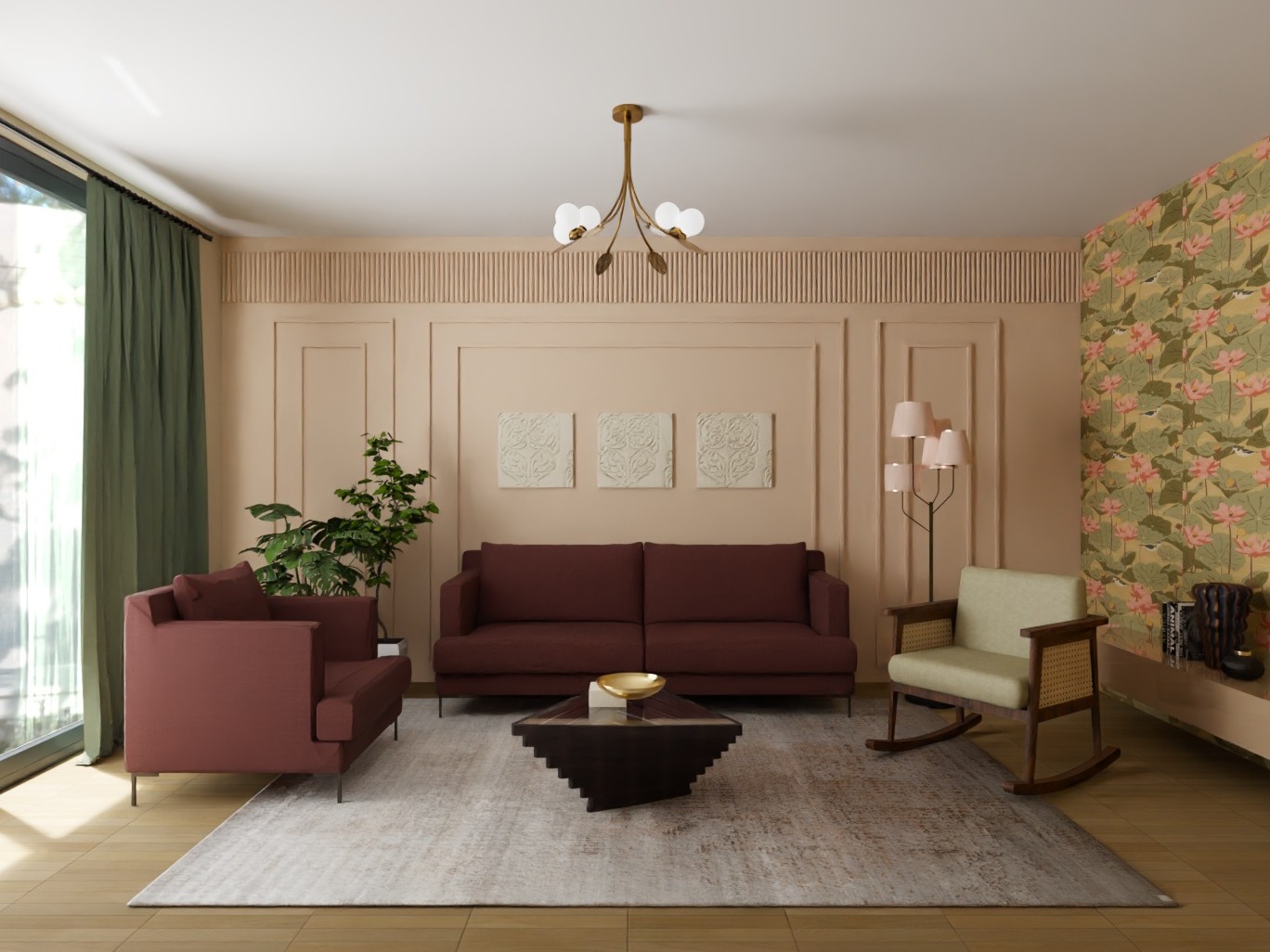 Living room with maroon sofa and floral wallpaper - Beautiful Homes