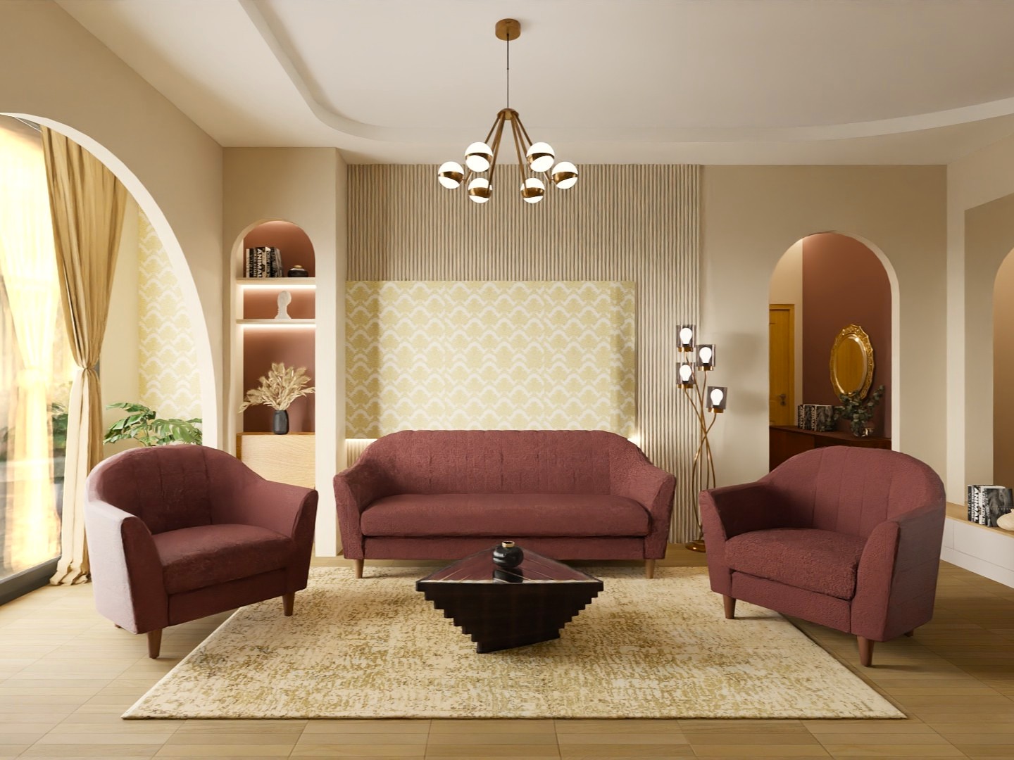 Living room with maroon sofa and beige accents - Beautiful Homes