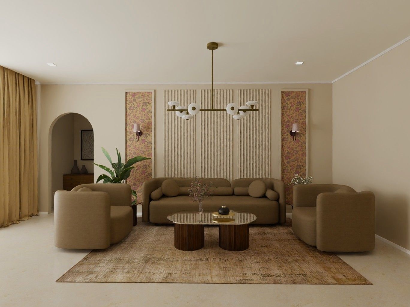 Cozy living room featuring fluted wall panels, gold chandelier, and abstract rug - Beautiful Homes