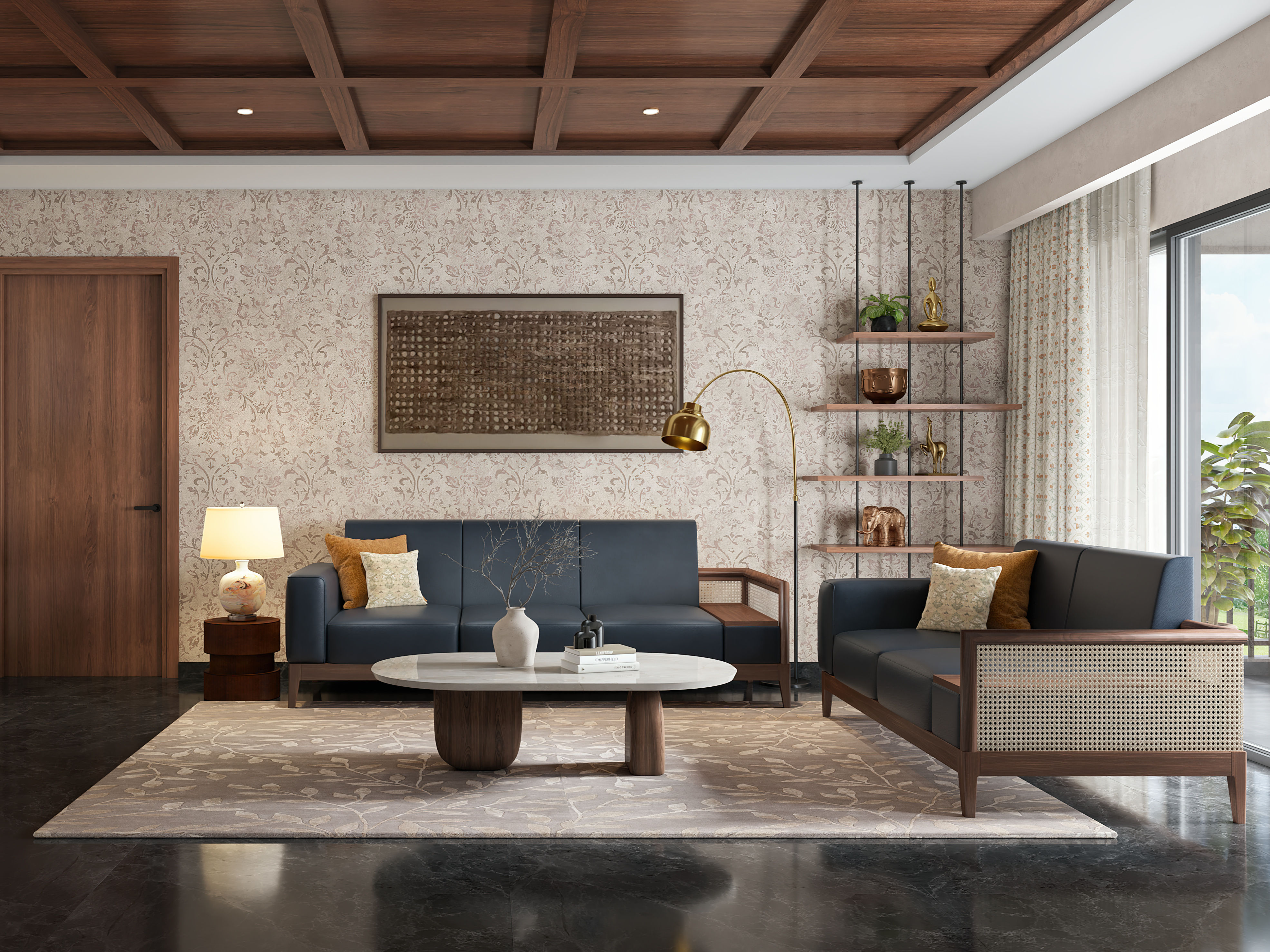 Modern living room featuring coffered ceiling, blue sofas, and warm wooden accents - Beautiful Homes