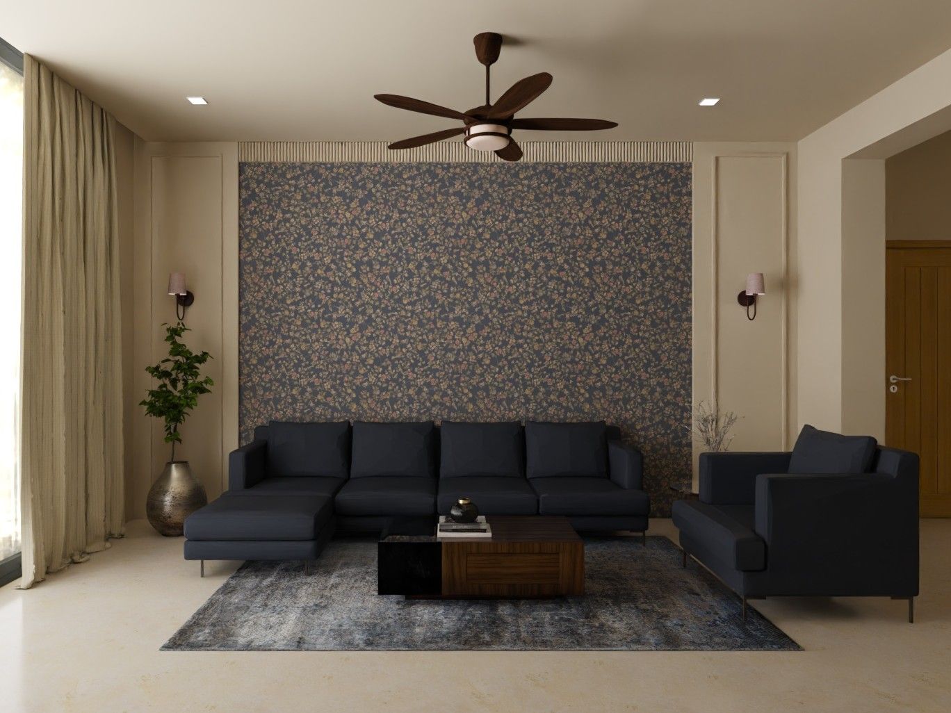 Elegant living room featuring a navy sectional sofa, floral wallpaper, and wood accents - Beautiful Homes