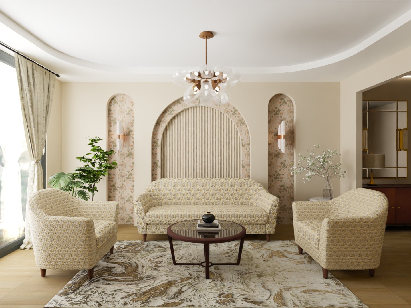 Living room with floral wallpaper and modern décor - Beautiful Homes