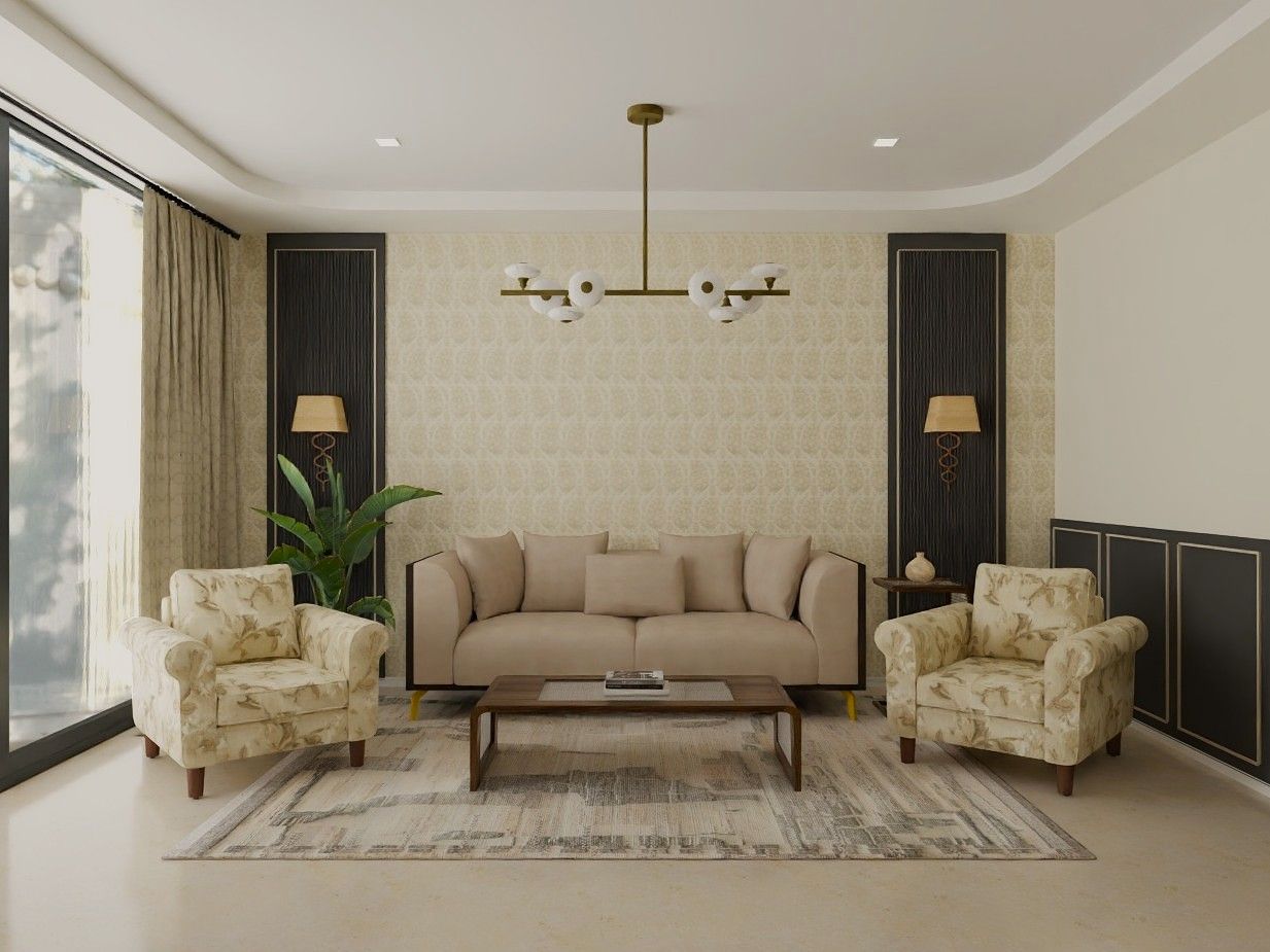 Luxurious living room featuring cream furniture, gold lighting, and dark wood panels - Beautiful Homes