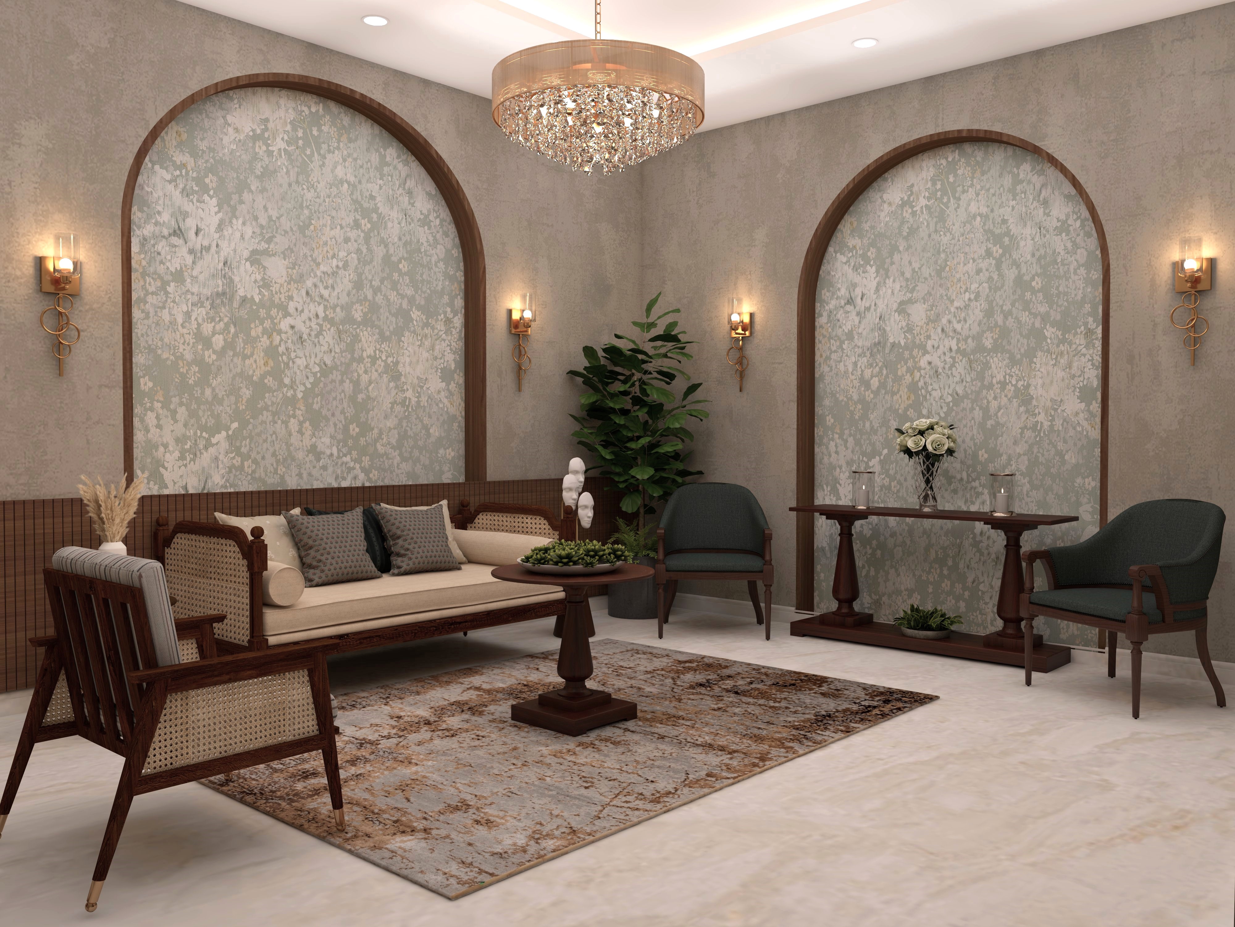 Modern lounge with chandelier and floral wall - Beautiful Homes