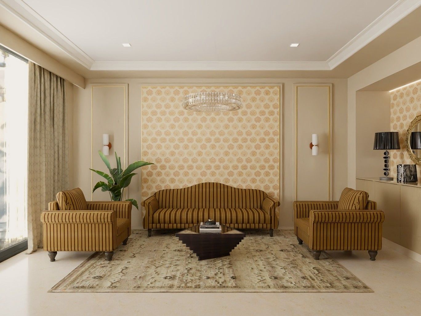 Luxurious living room featuring striped furniture, floral wall panels, and a crystal chandelier - Beautiful Homes