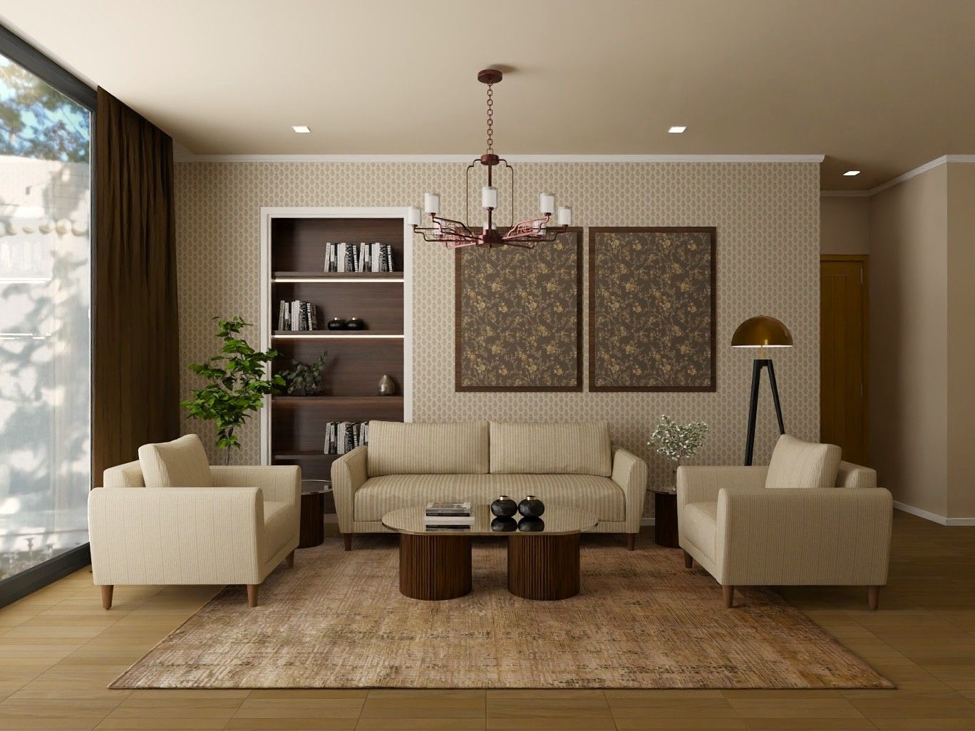 Sophisticated living room featuring a built-in bookshelf, patterned wallpaper, and warm lighting - Beautiful Homes