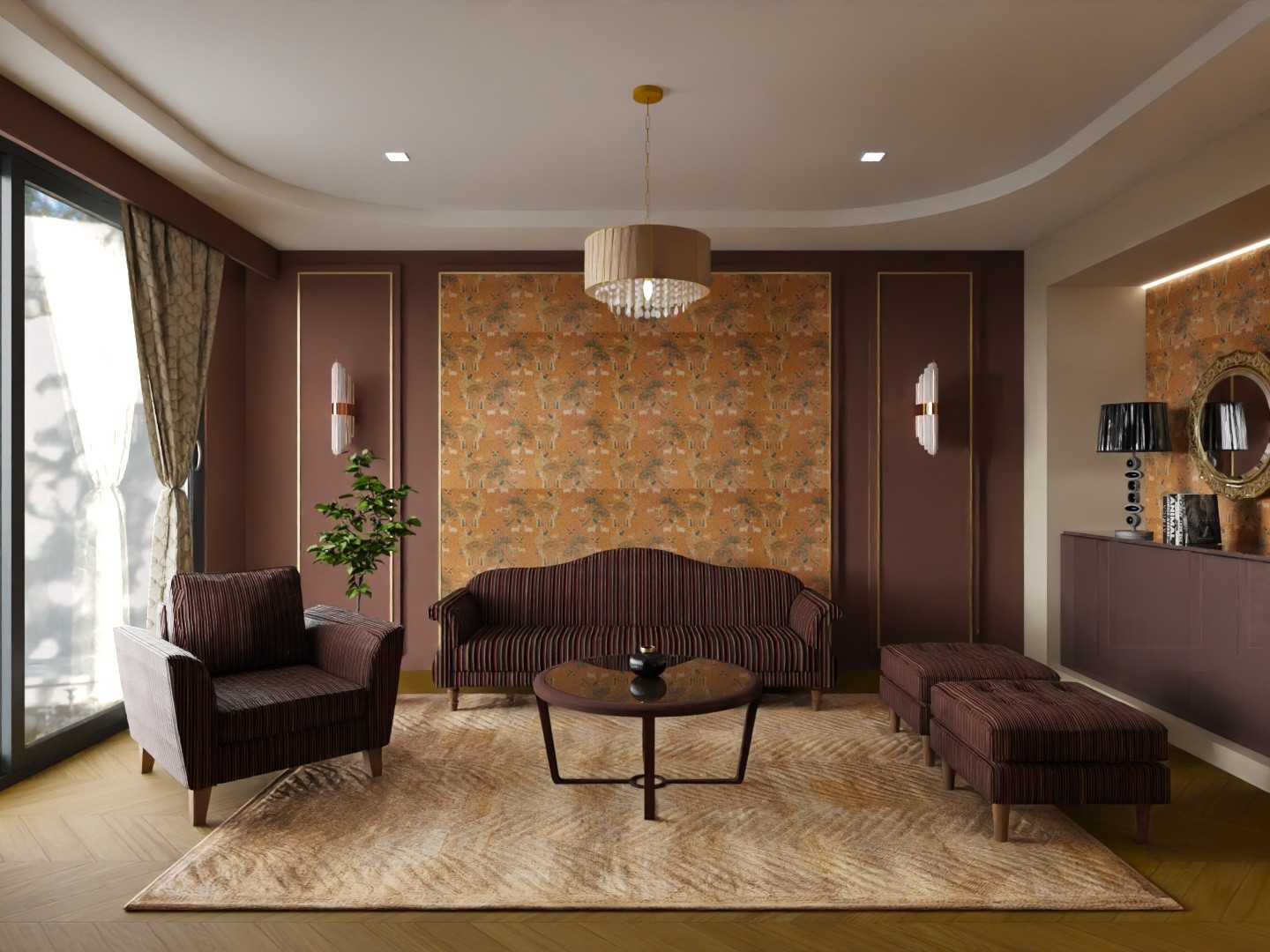 Earth-toned living room with striped sofa set - Beautiful Homes