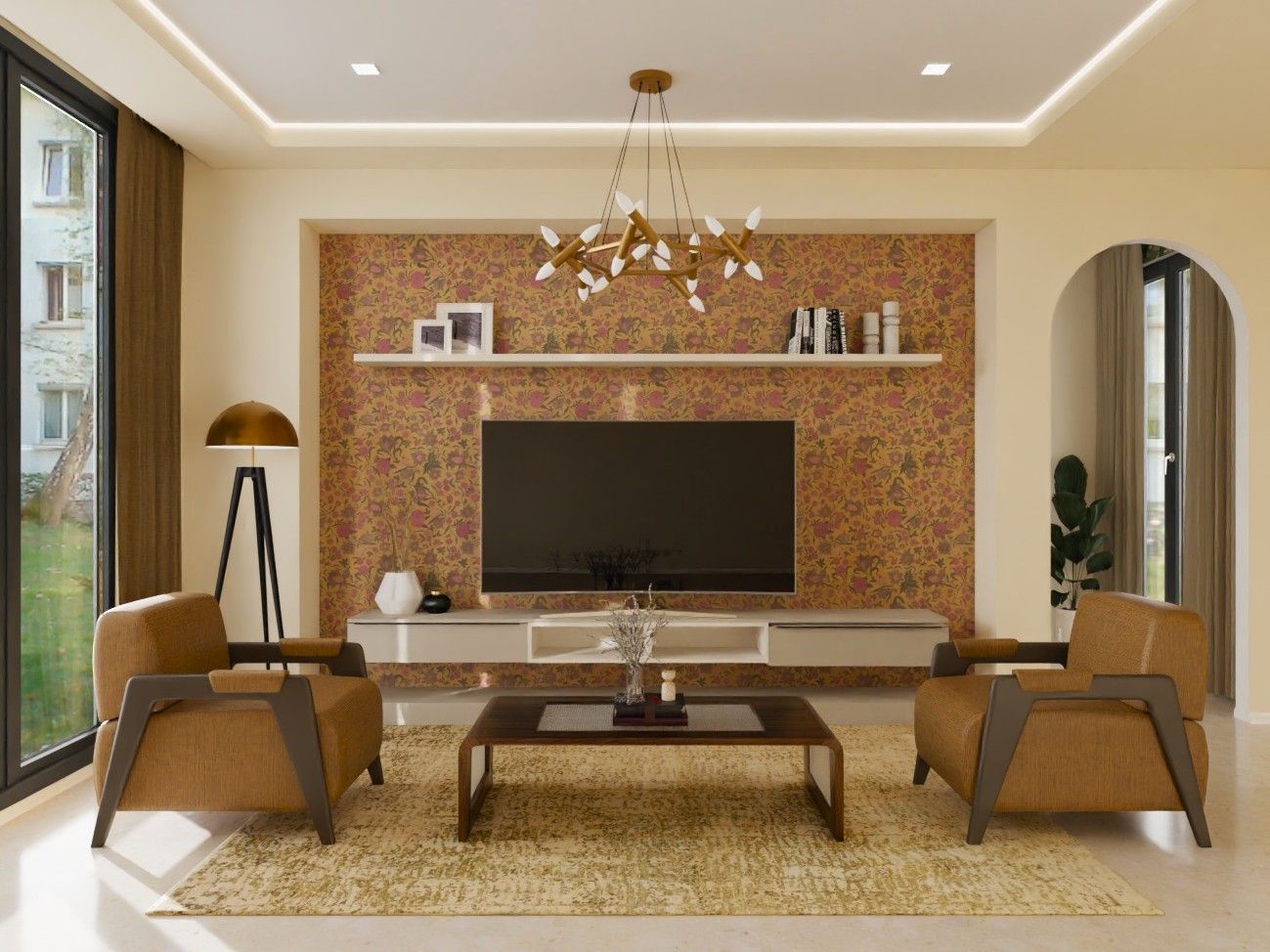 Contemporary living room featuring floral wallpaper, cozy armchairs, and a sleek entertainment unit - Beautiful Homes