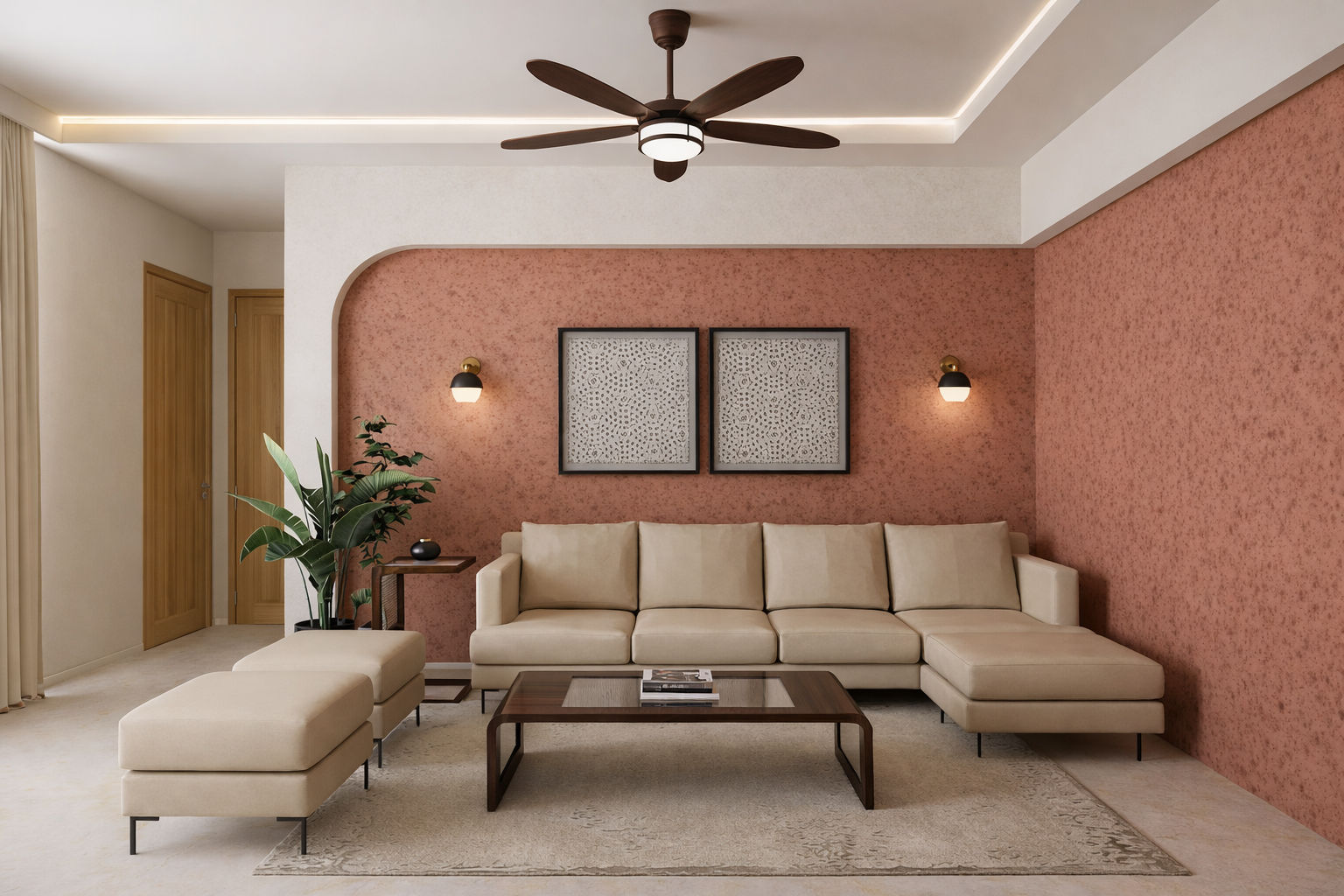 Cozy living room featuring terracotta walls, a sectional sofa, and warm lighting - Beautiful Homes