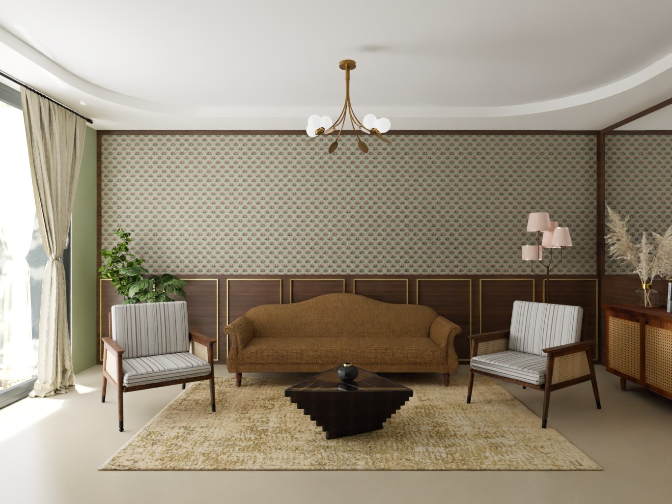 Living room with wallpaper, wooden furniture, and chandelier - Beautiful Homes