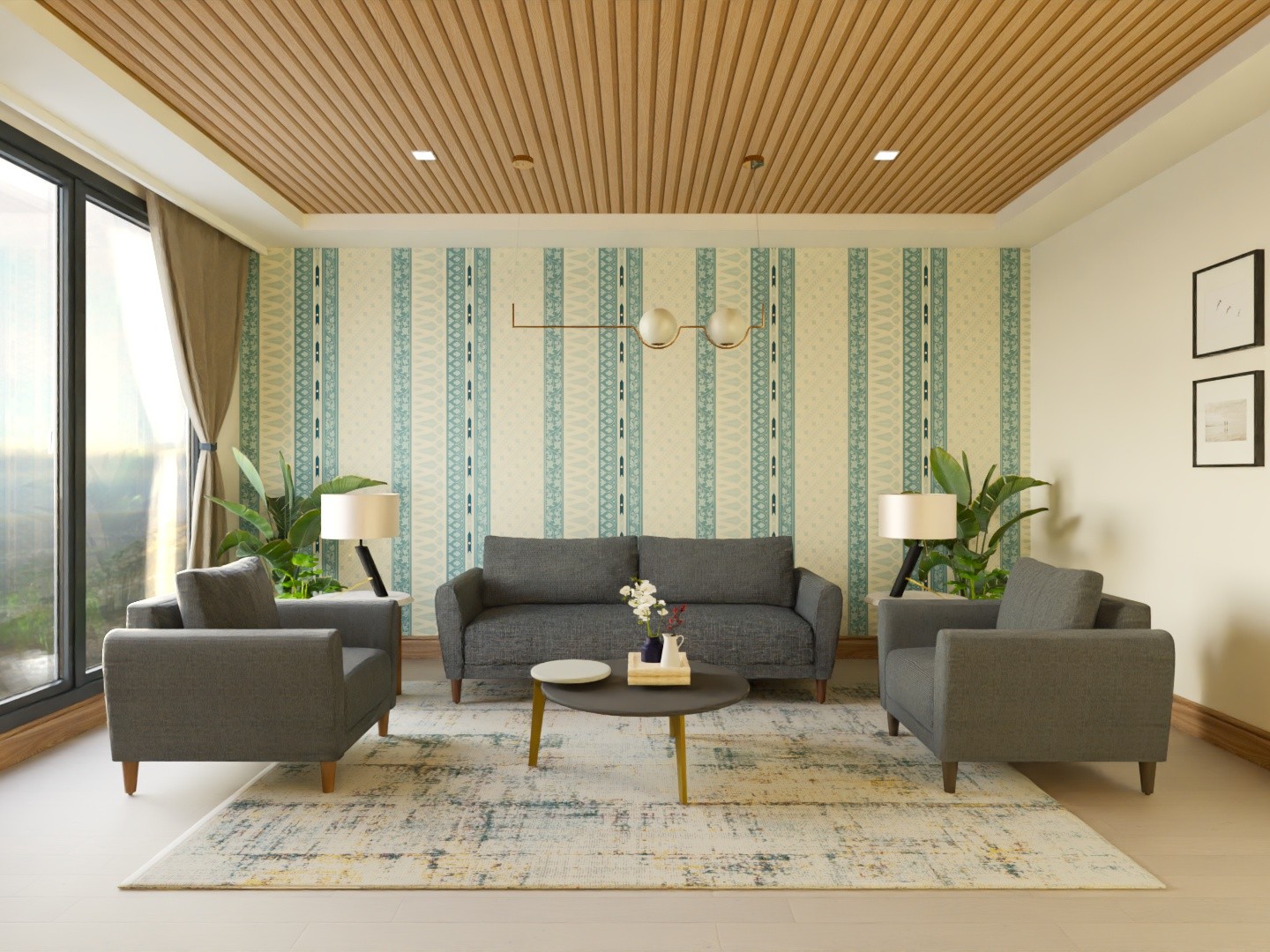 Living room with wooden ceiling and grey seating - Beautiful Homes