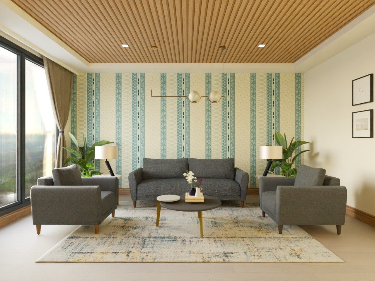 Living room with wooden ceiling and grey seating - Beautiful Homes
