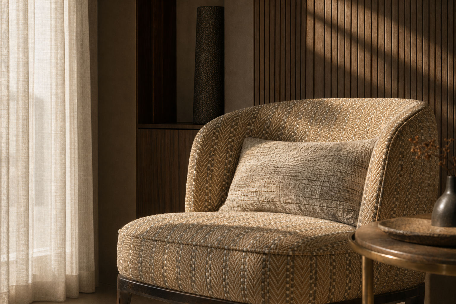 Curved armchair with woven chevron upholstery in ochre, beige, and brown tones - Beautiful Homes